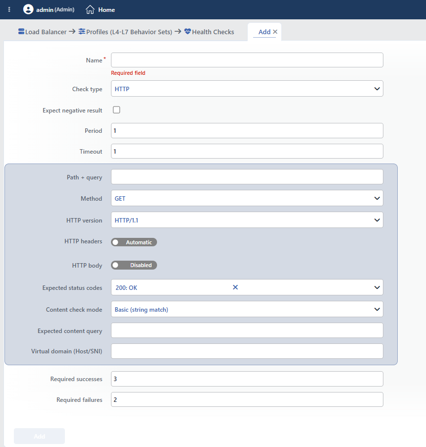HTTP Health Checks Profile Add Form