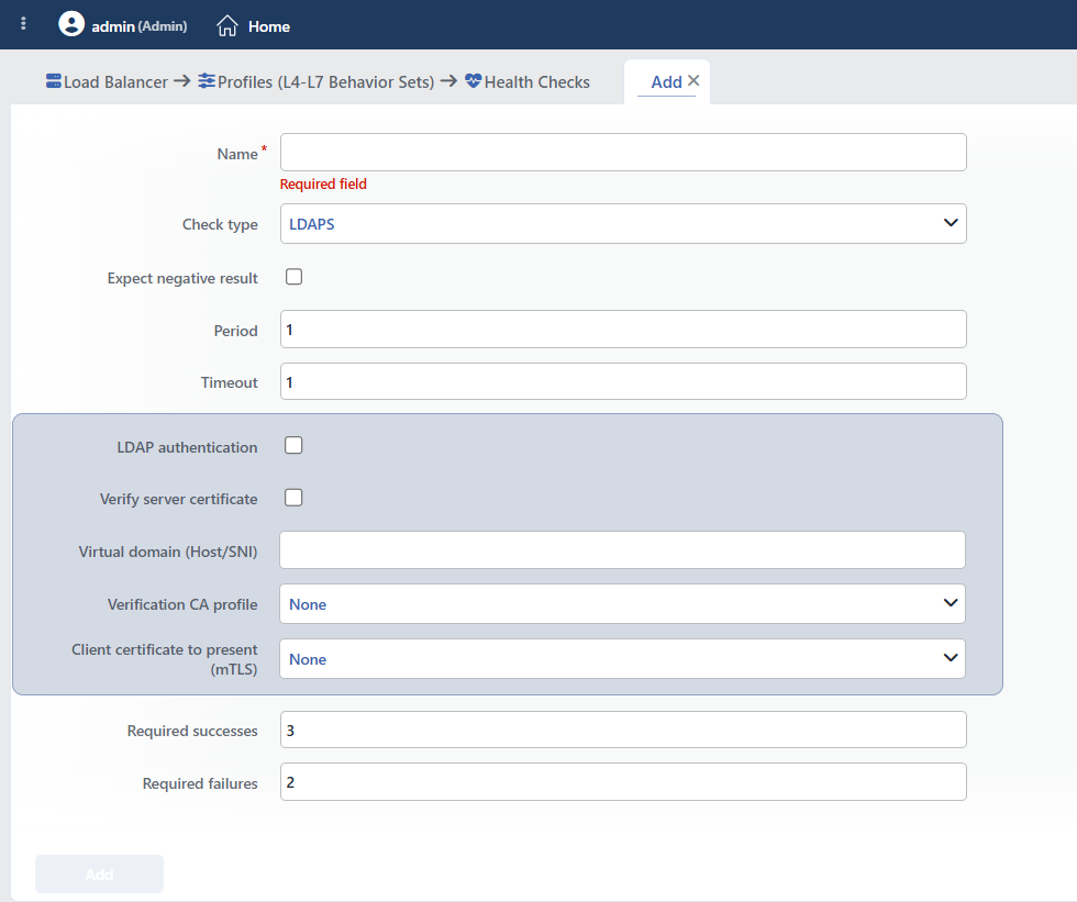 LDAPS Health Checks Profile Add Form