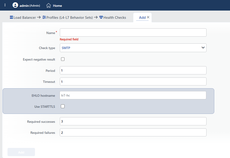 SMTP Health Checks Profile Add Form