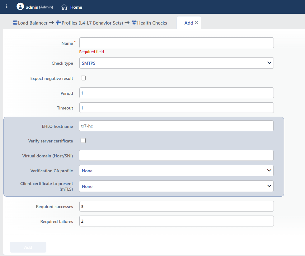 SMTPS Health Checks Profile Add Form
