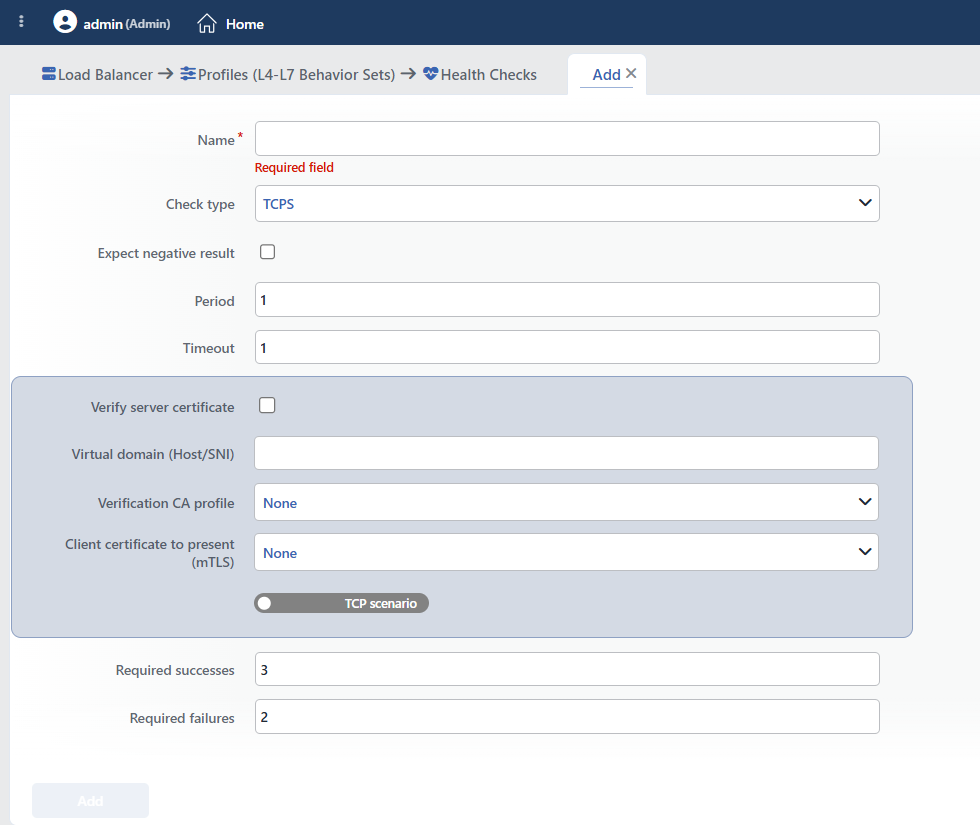 TCPS Health Checks Profile Add Form