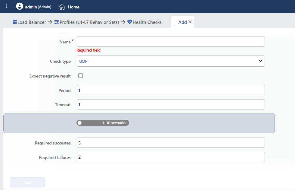 UDP Health Checks Profile Add Form