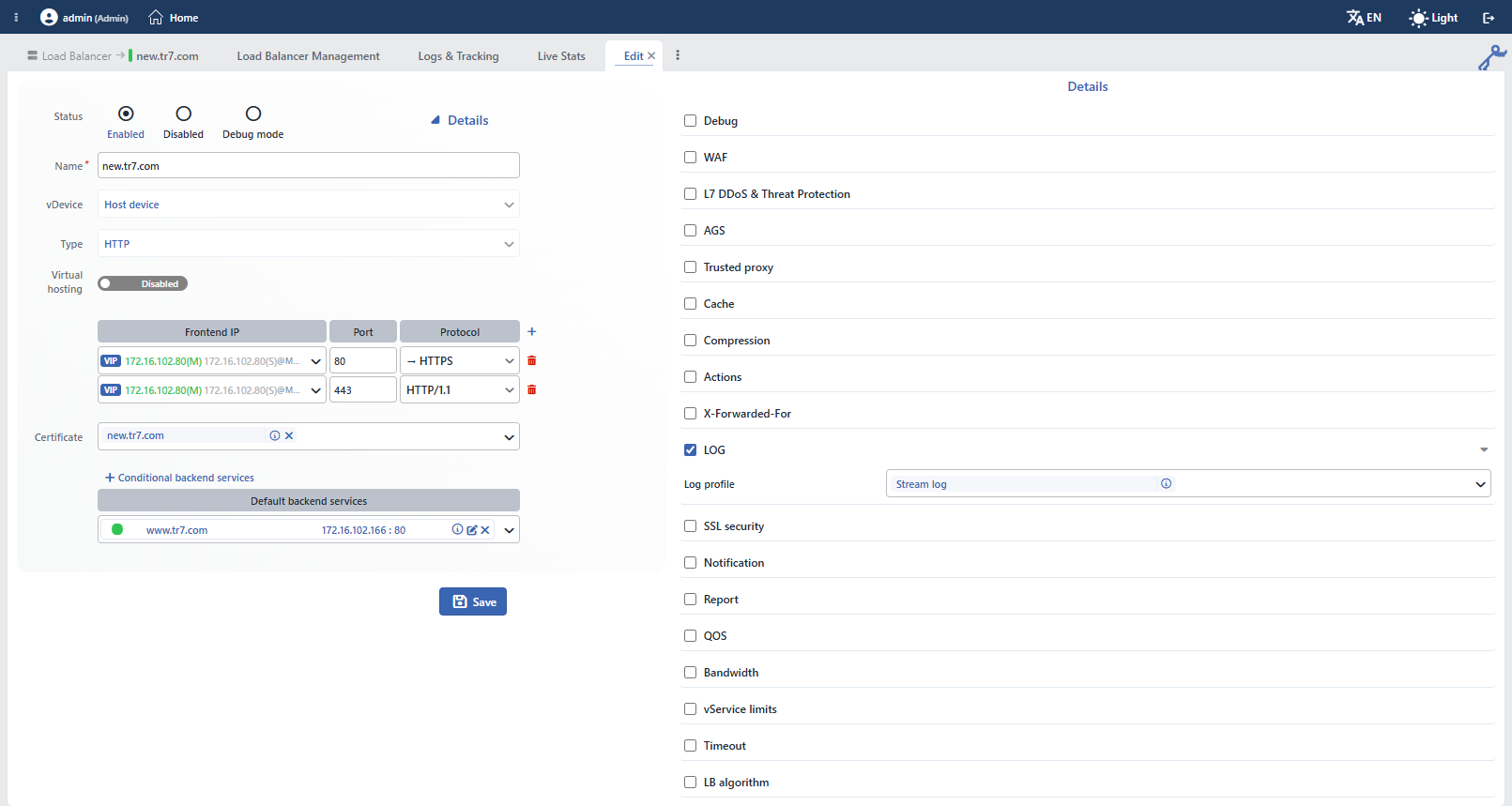 The LOG Selection on the vService Editing Screen