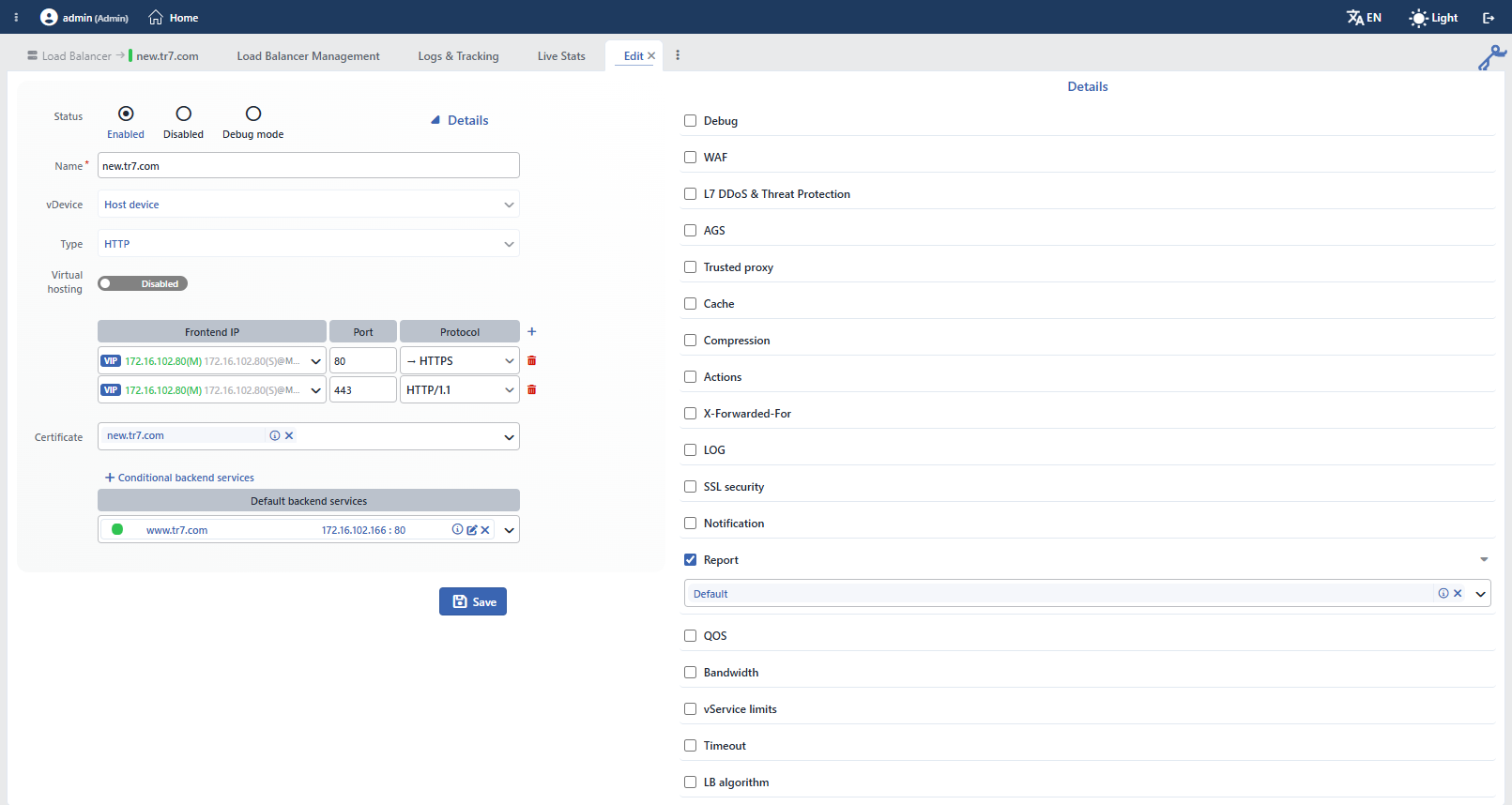 The Report Selection on the vService Editing Screen