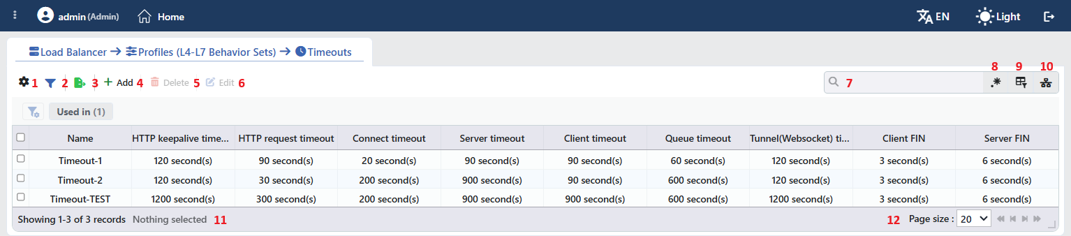 Timeouts Profiles Listing Form
