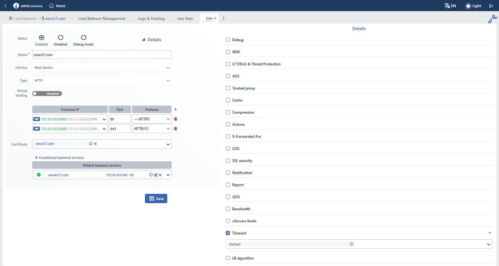 The Timeouts Selection on the vService Editing Screen
