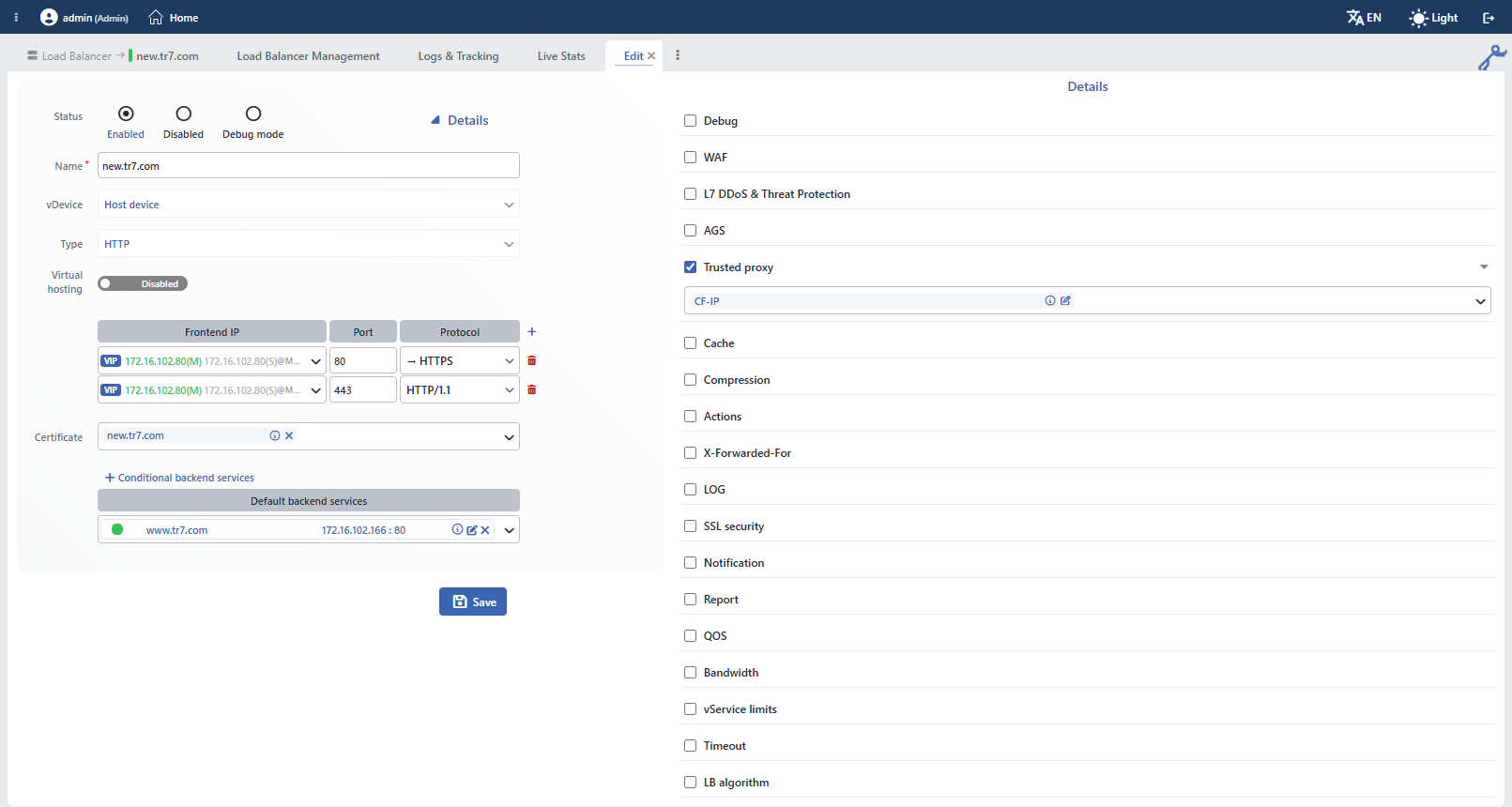 The Trusted Proxy Selection on the vService Editing Screen