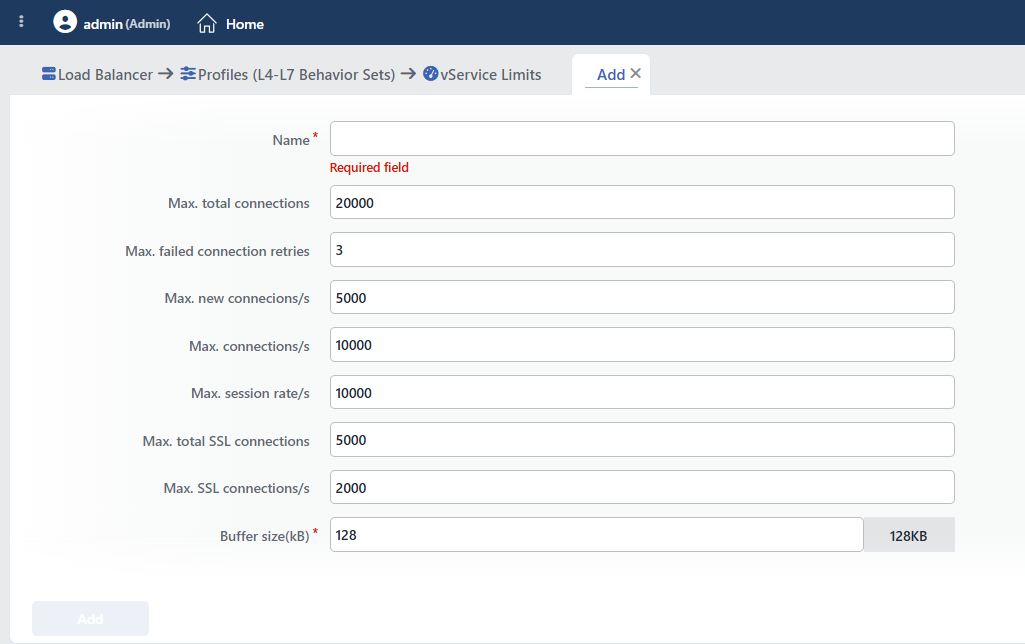 vService Limits Profile Add Form