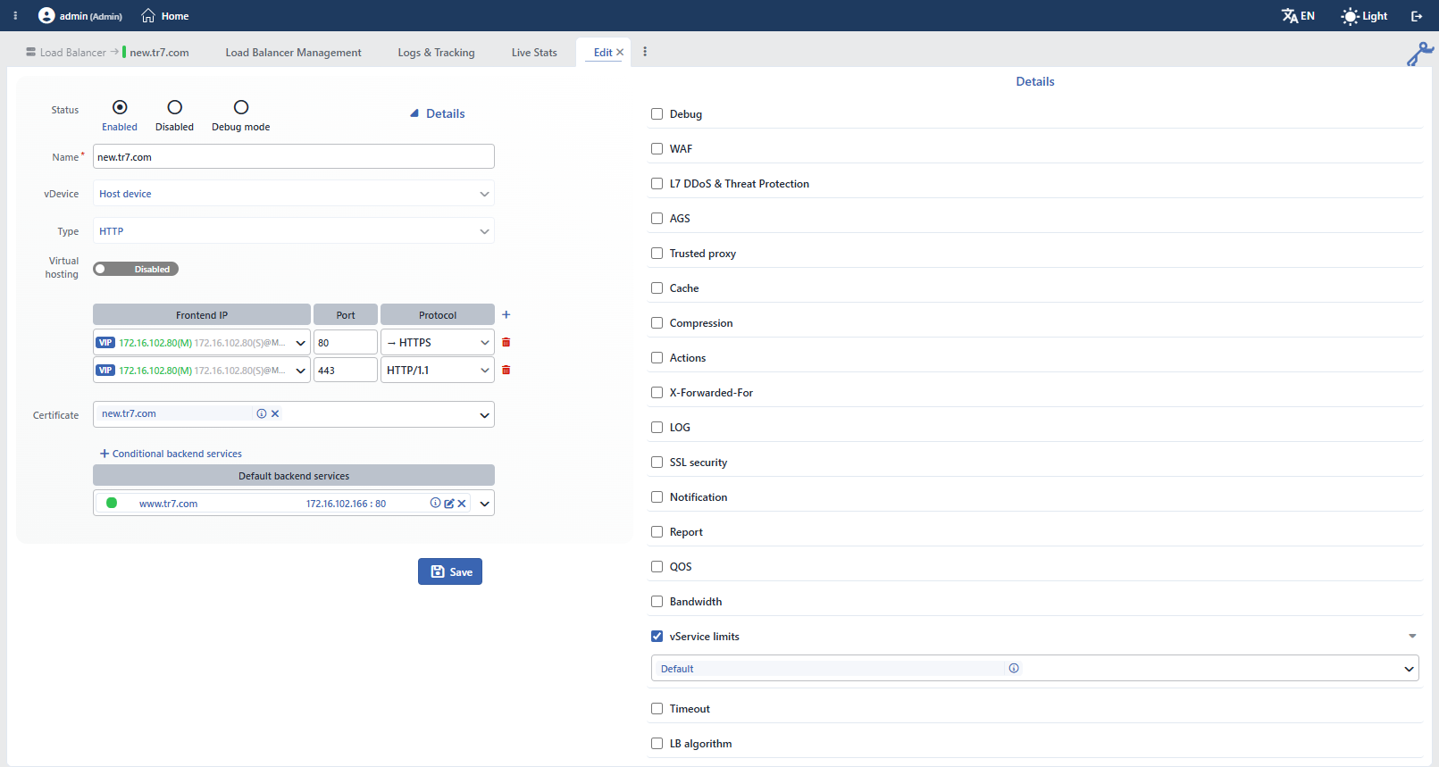 The vService Limits Selection on the vService Editing Screen