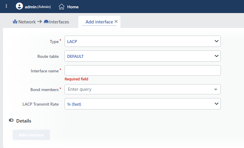 The LACP (IEEE 802.3ad) Add Interface Form