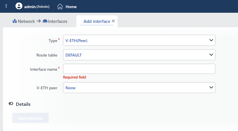 The V-ETH(Peer) Add Interface Form