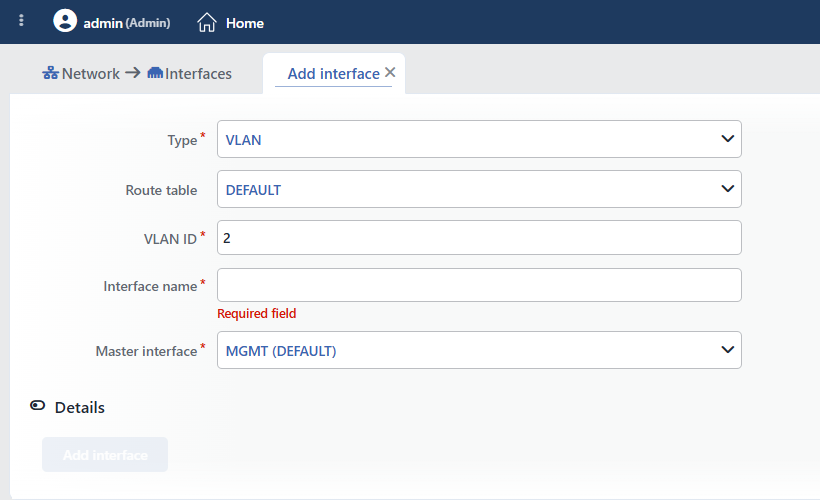 The VLAN (IEEE 802.1Q) Add Interface Form
