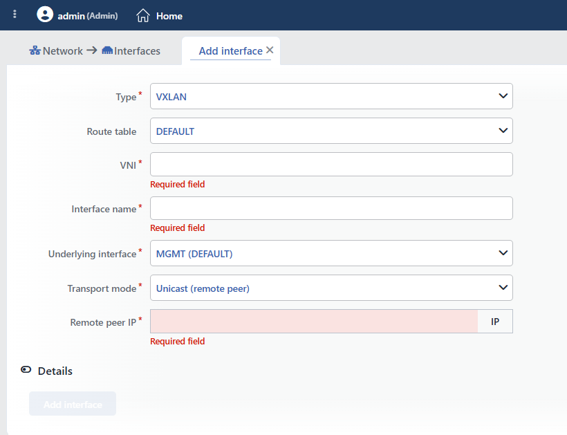 The VXLAN Add Interface Form