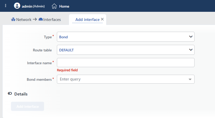 The Bond (Balance-rr) Add Interface Form