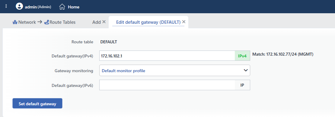 The Edit Default Gateway Tab