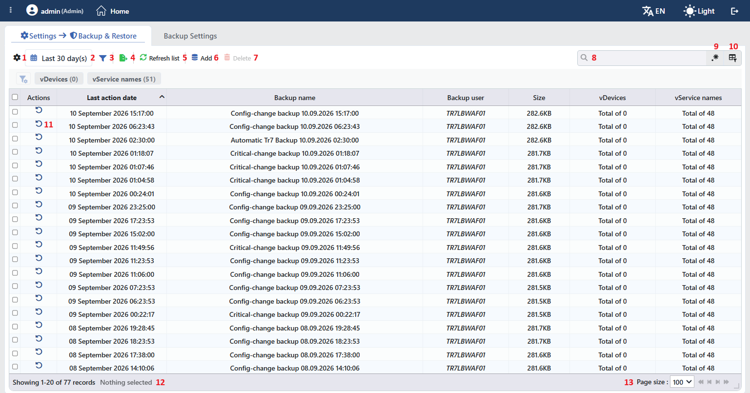 The Backup & Restore Listing Screen