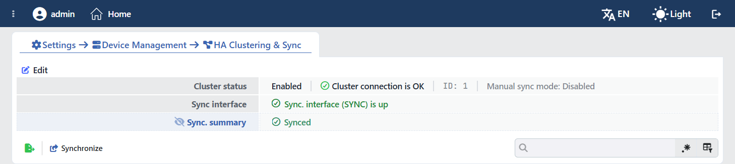 The HA Clustering & Sync Screen (Cluster)
