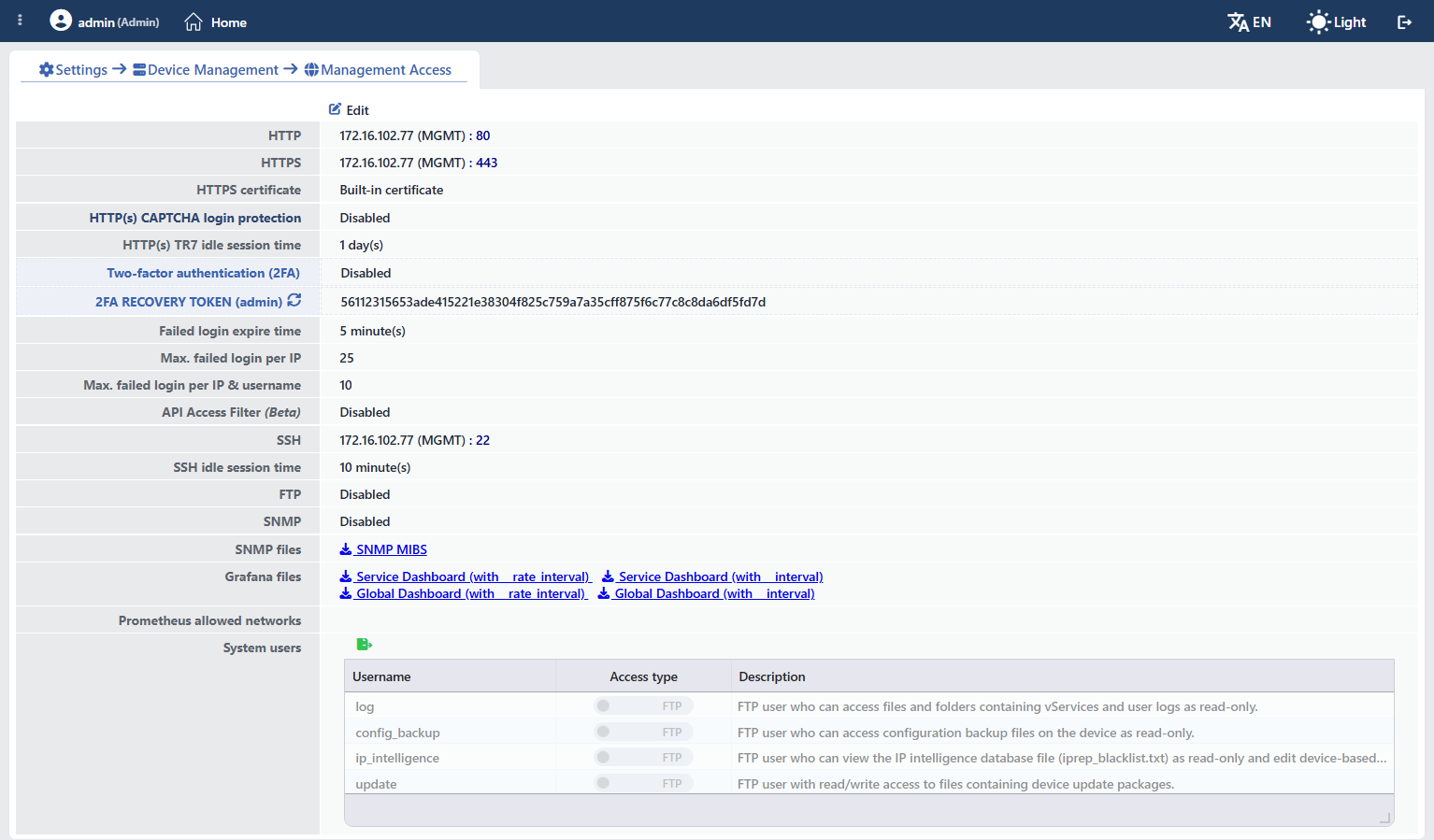The Management Access Screen (Standalone)