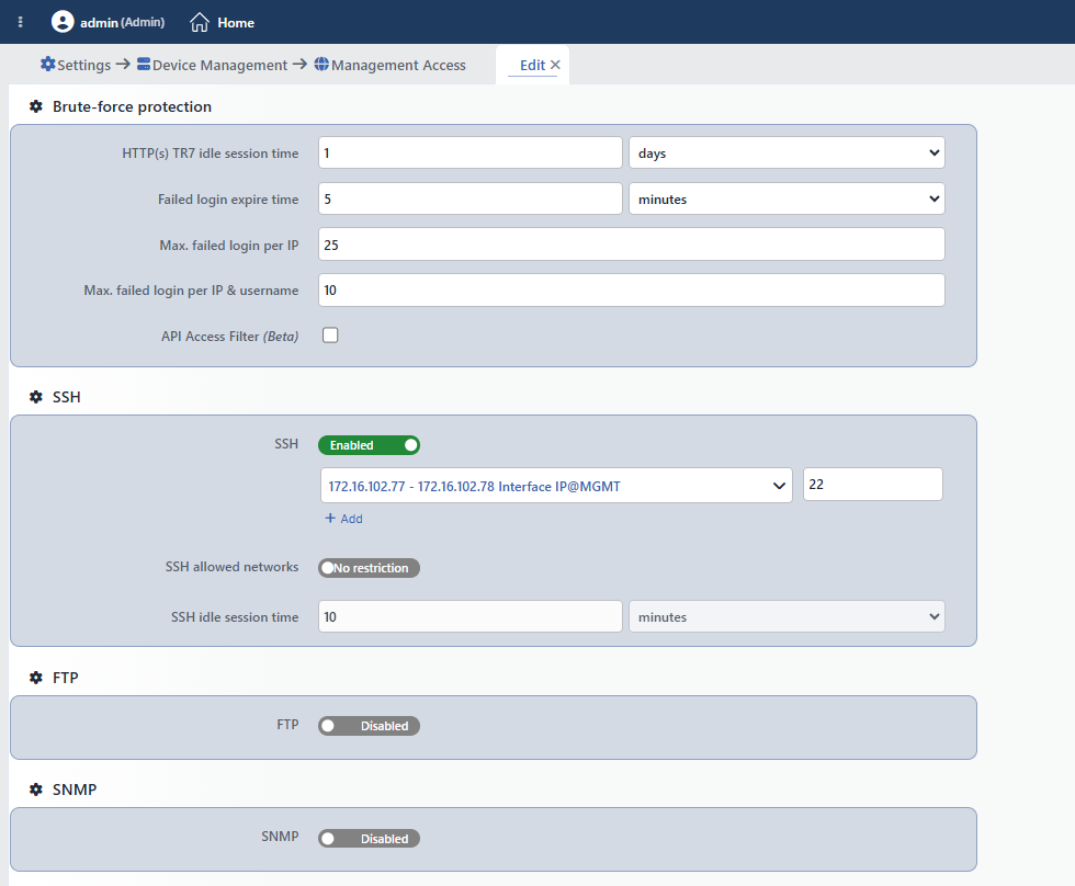 The Edit Tab: Brute-force Protection · SSH · FTP · SNMP