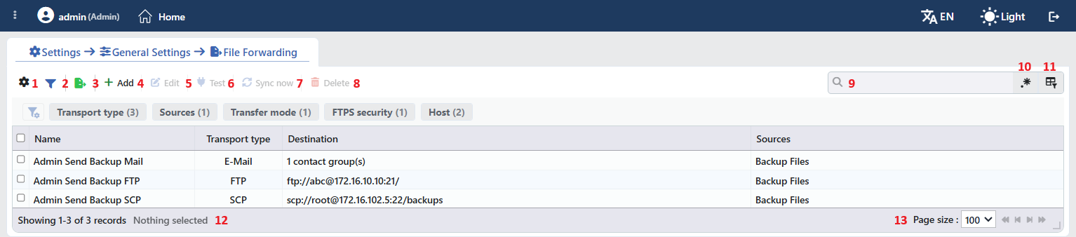 The File Forwarding Listing Screen