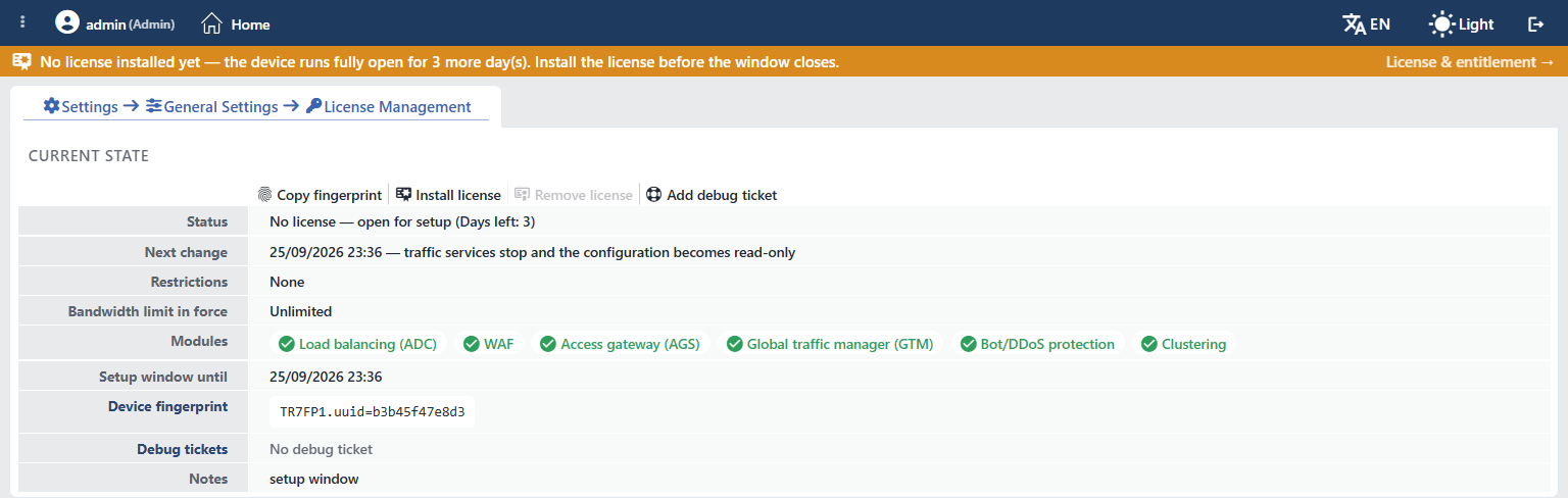 License Management Screen (setup window)