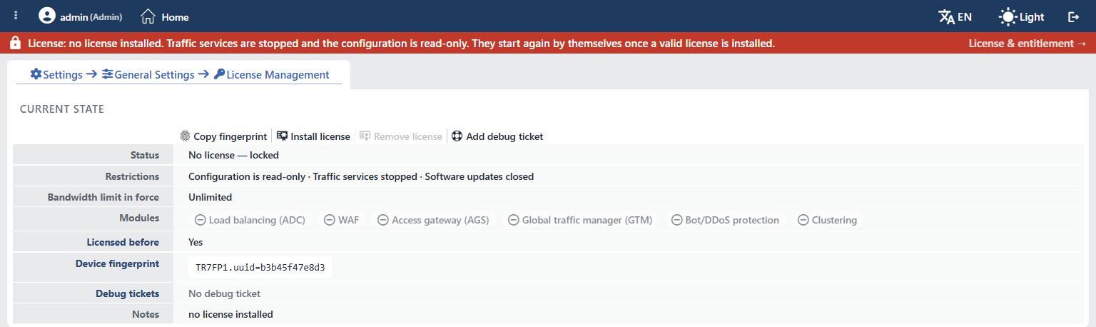 License Management Screen (locked)