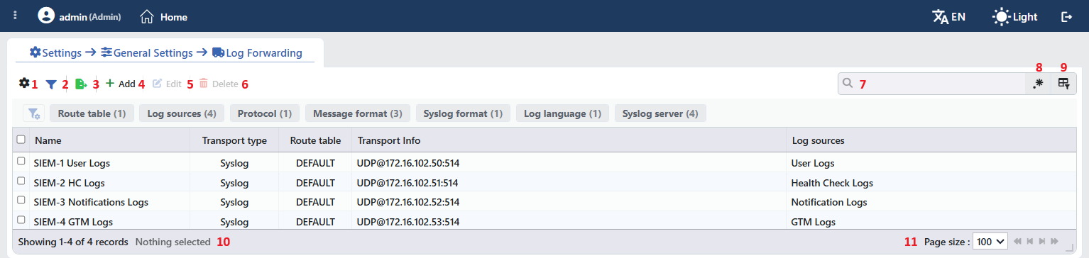 The Log Forwarding Listing Screen