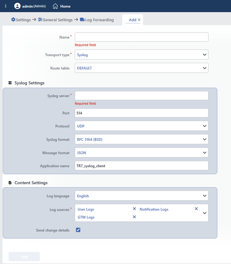 The Log Forwarding Add Form