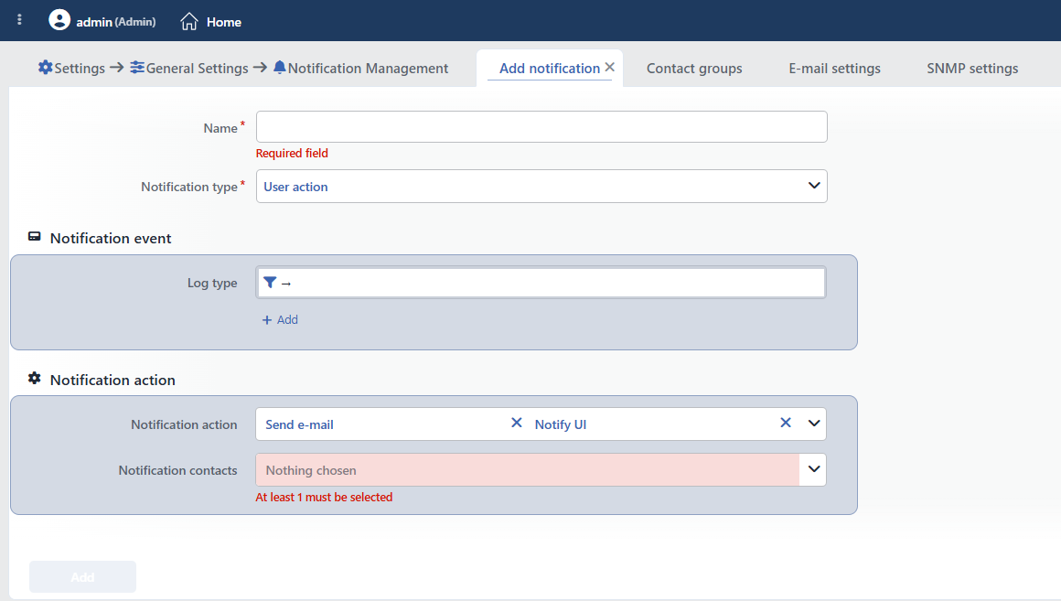 The Notification Management Add Form