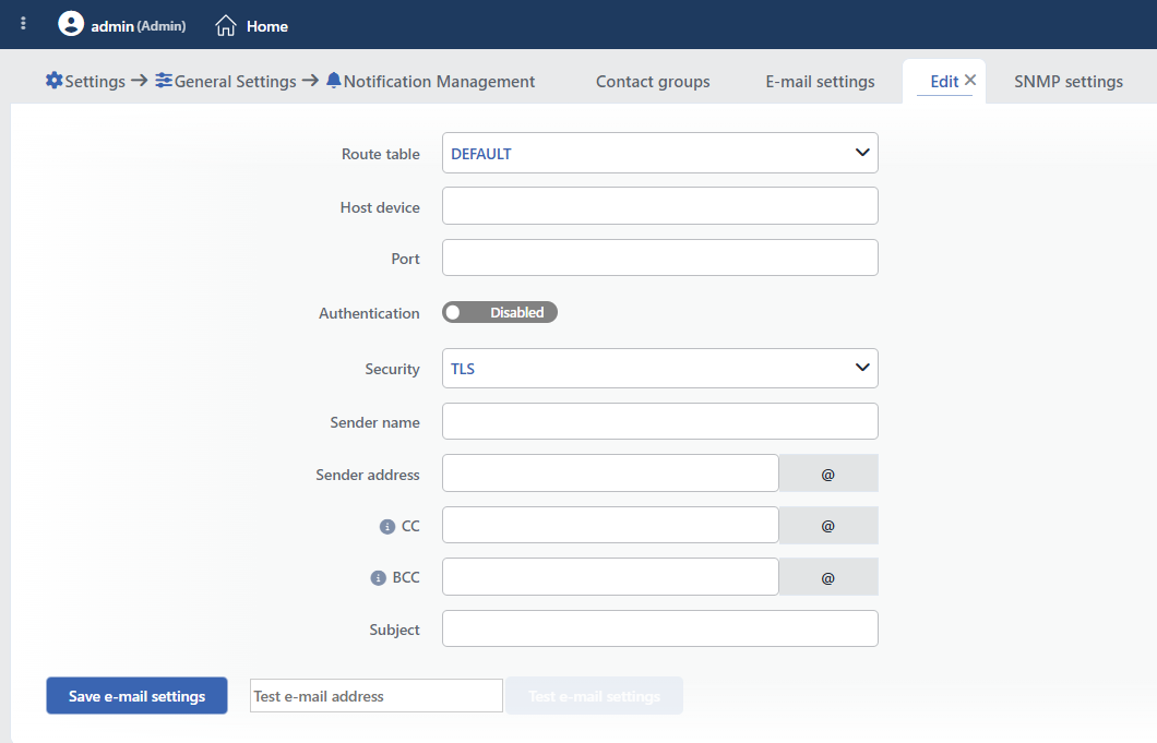The E-mail Settings Editing Form