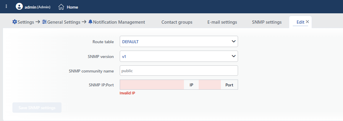 The SNMP Settings Editing Form