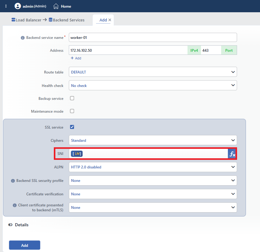 The Host variable added to the SNI field in the Backend Services adding form