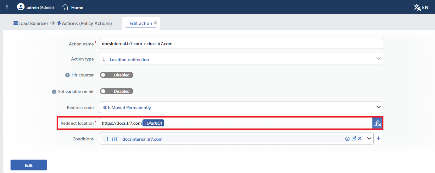 The PathQ variable added to the Redirect location field in the Location Redirection action