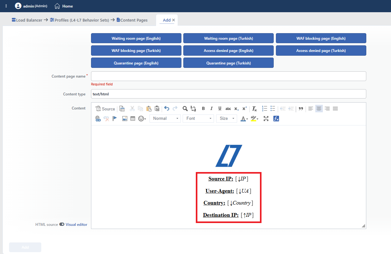 The client variables added to the content editor in the Content Pages adding form