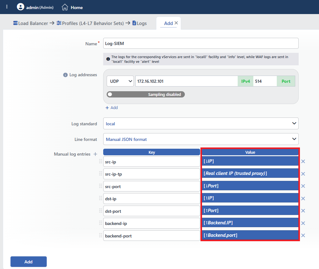 The variables added to the Manual log entries table in the Logs profile adding form