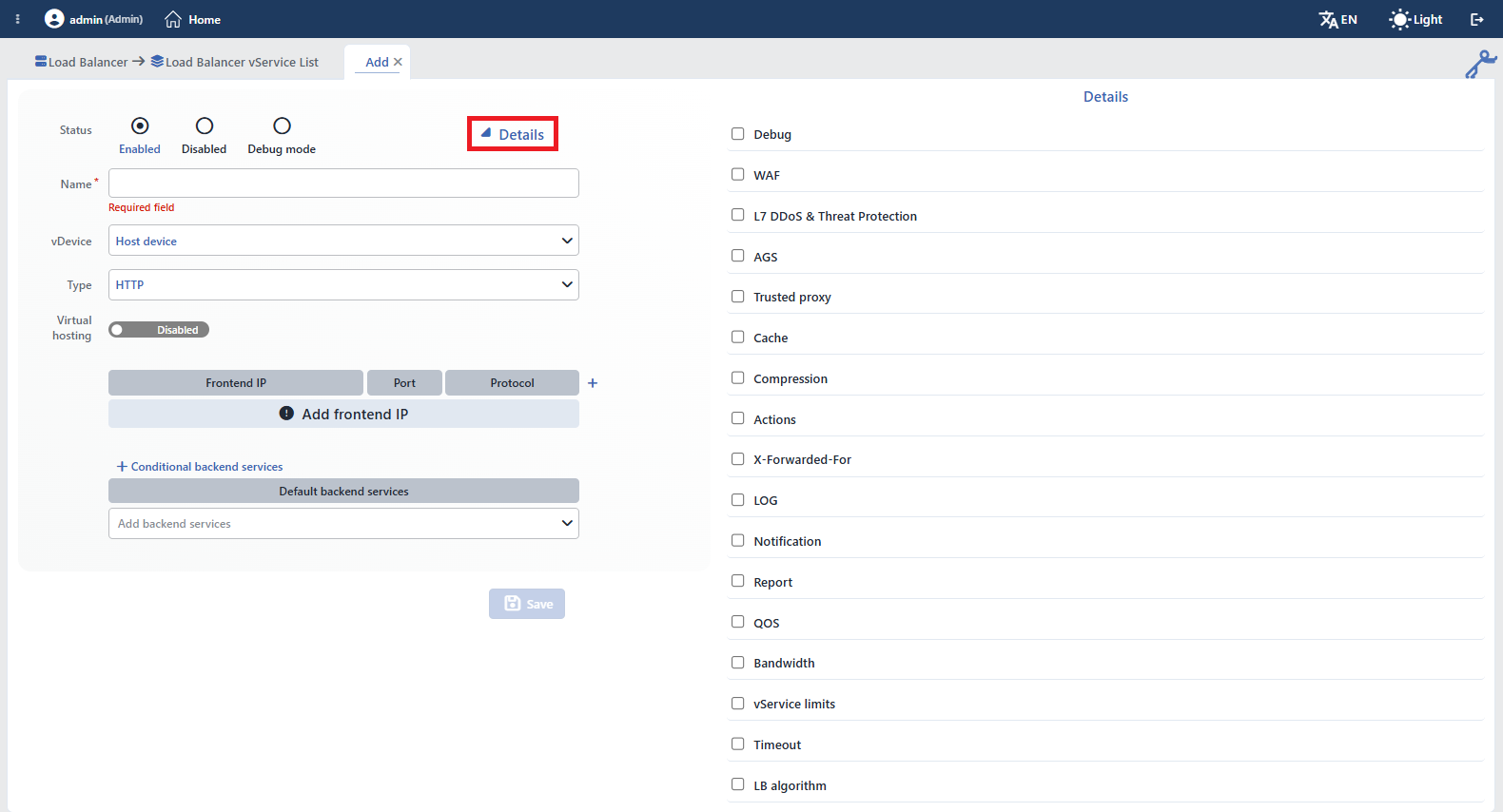 HTTP vService "Details" Form
