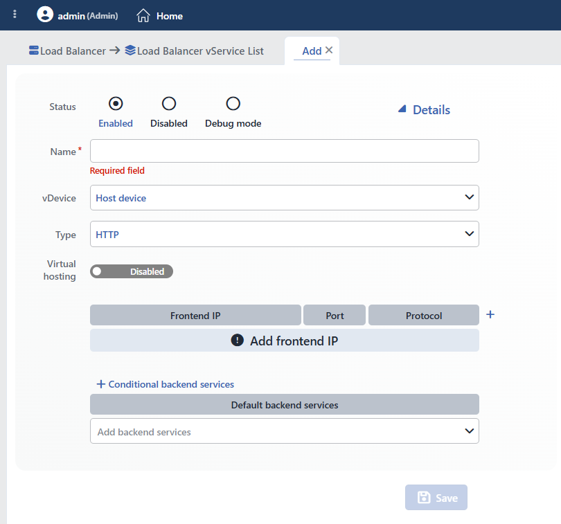 HTTP vService Add Form