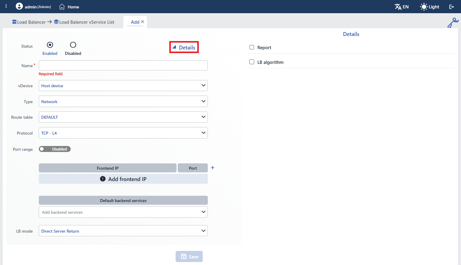 Network vService Details panel