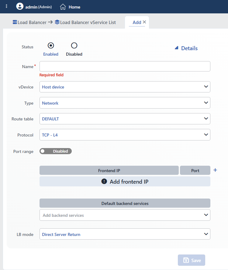 Network vService Add Form