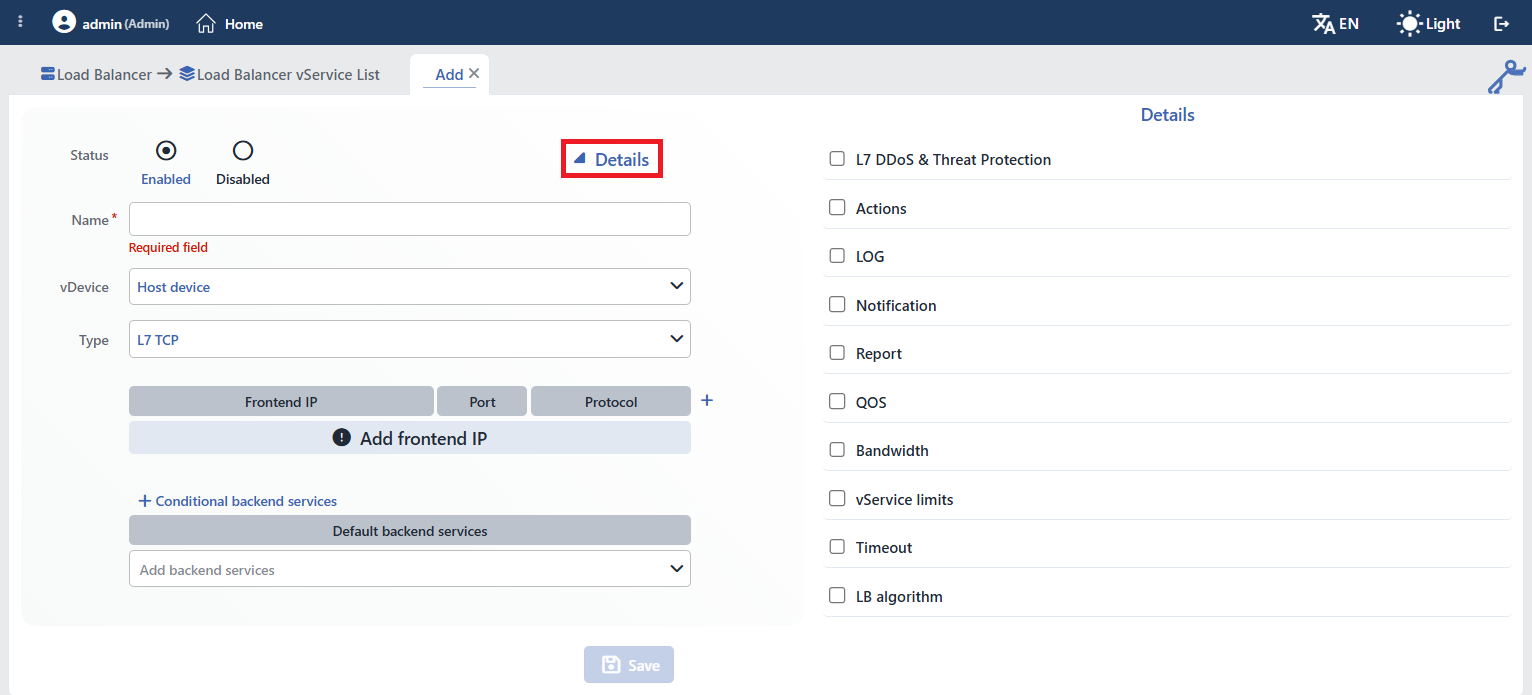 L7 TCP vService Details panel