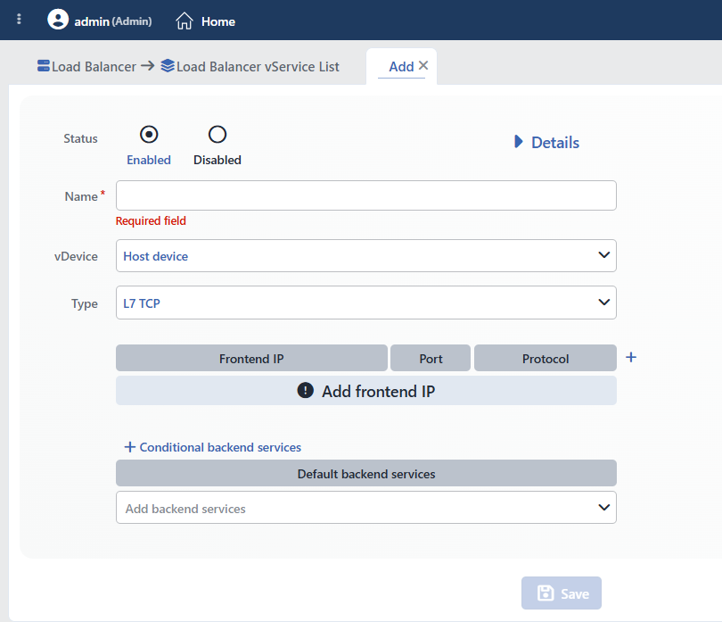 L7 TCP vService Add Form