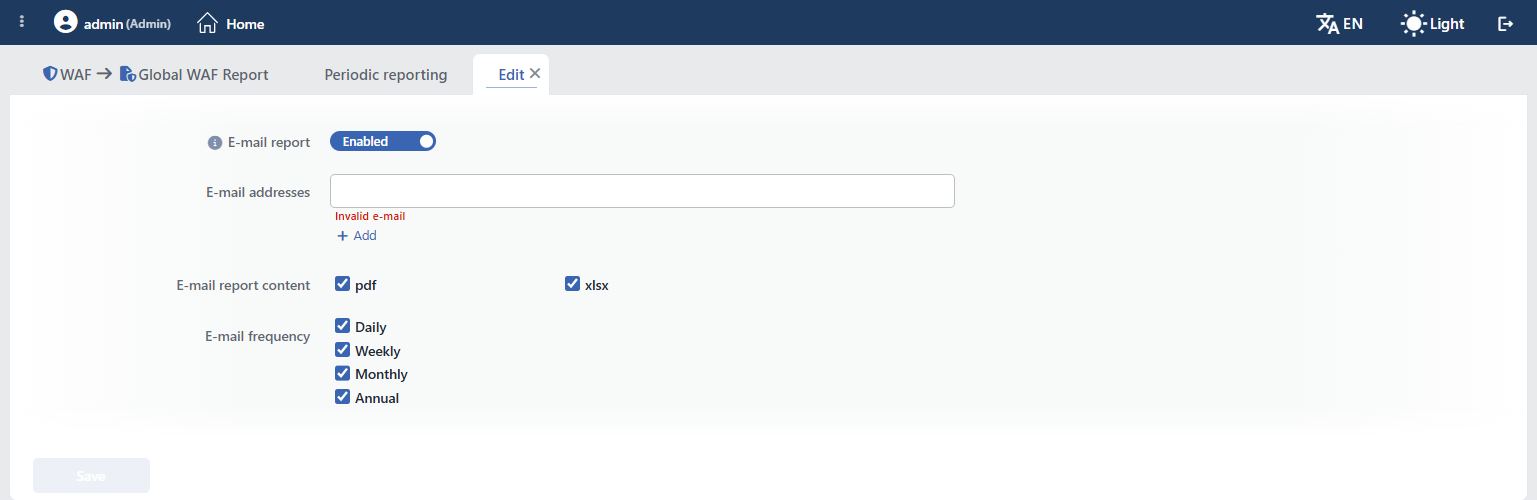 Global WAF Report - The Periodic Reporting Edit Screen