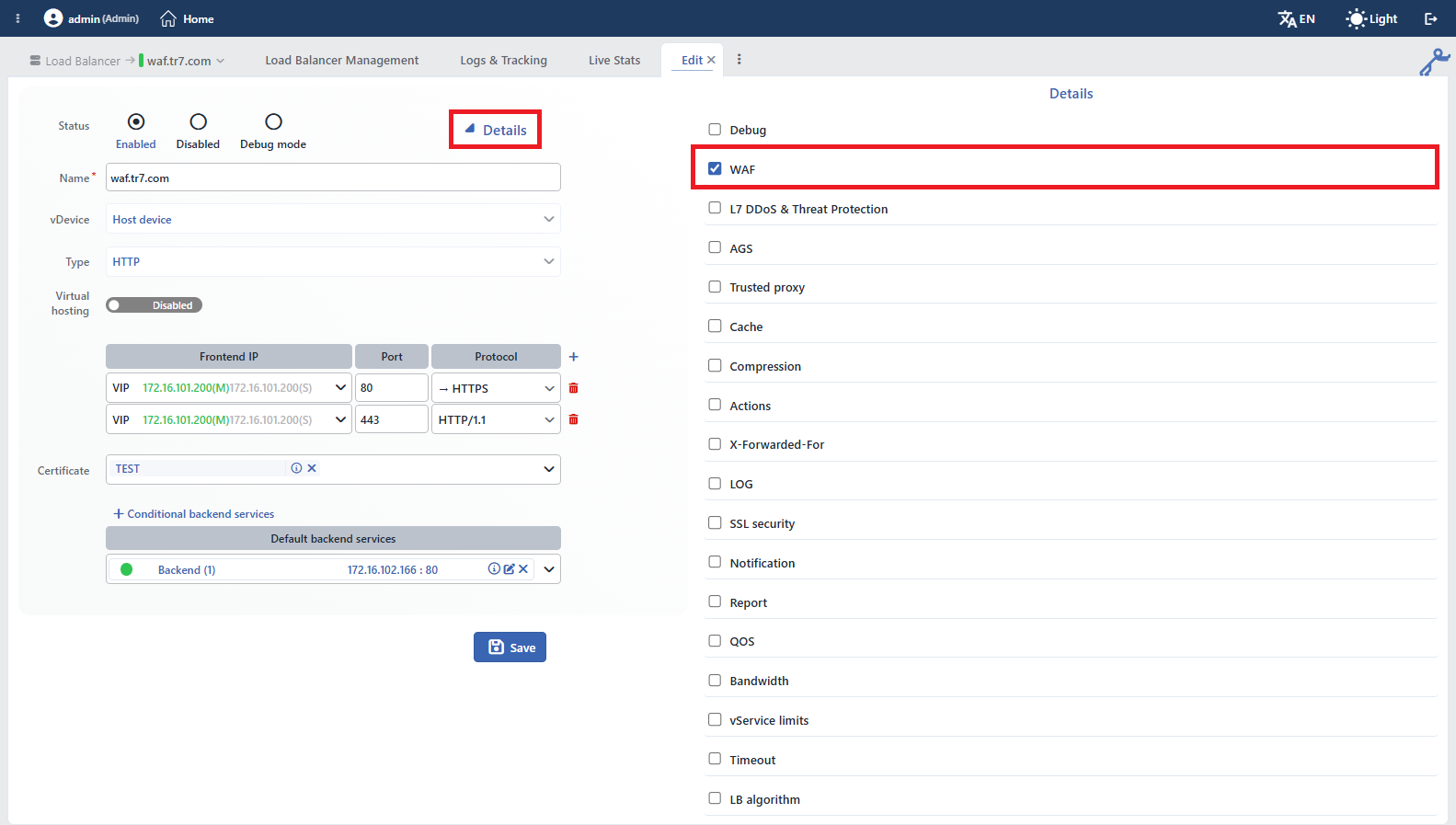 The WAF Selection on the vService Editing Screen