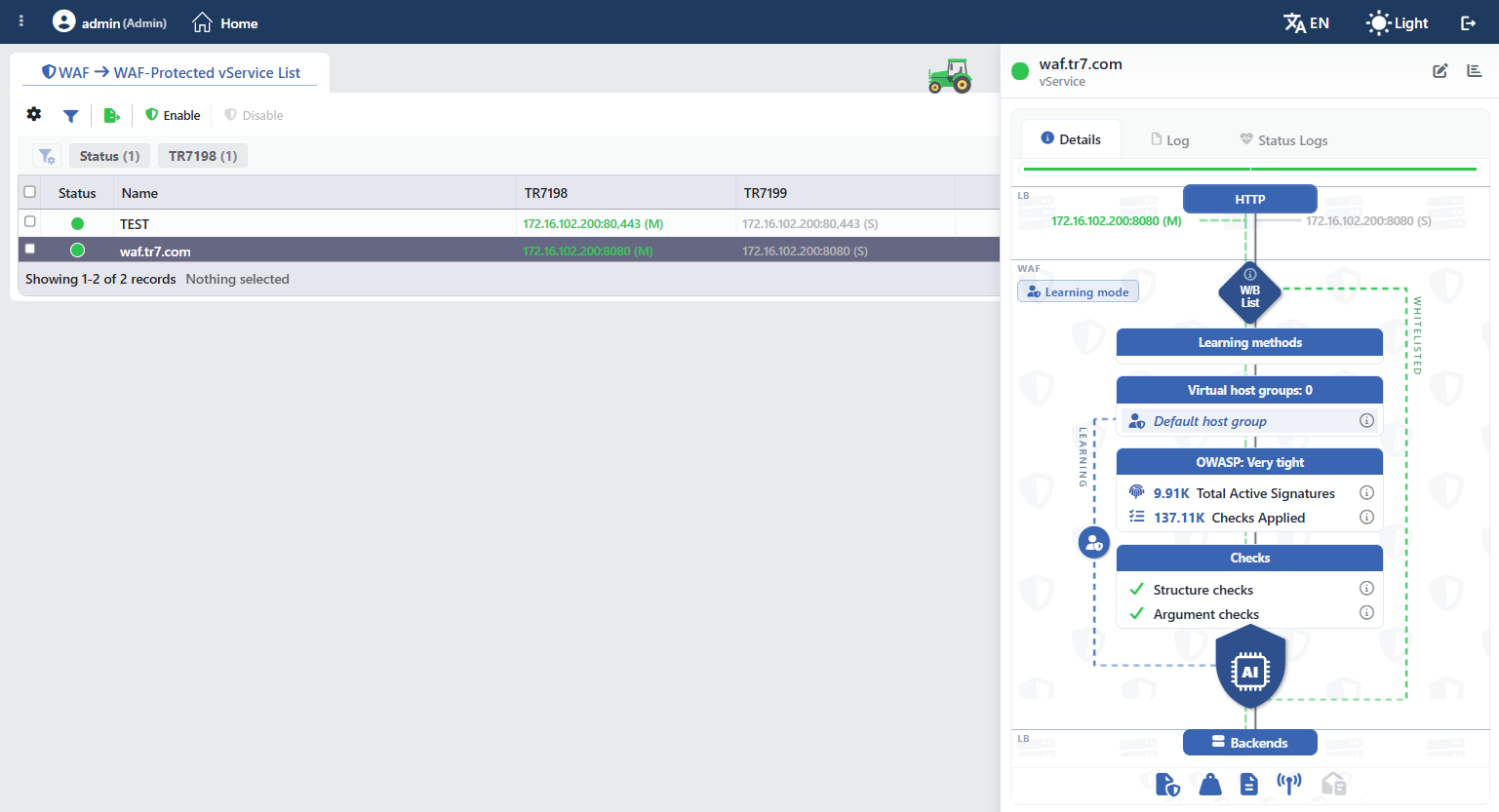 Preview of the Selected vService