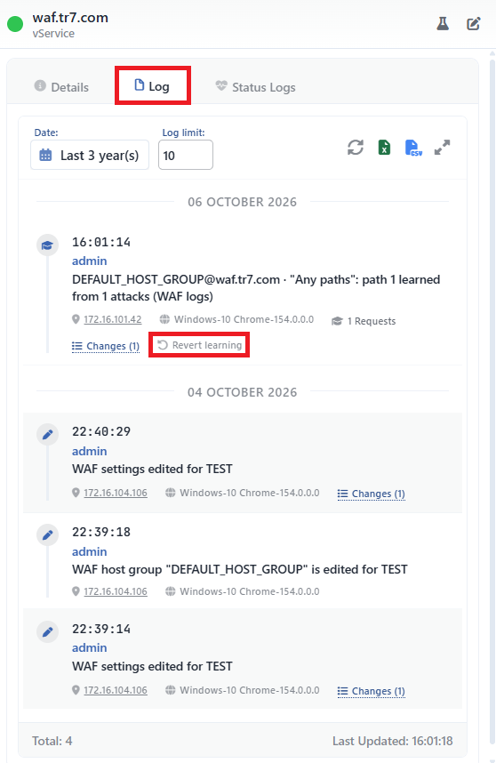 The Learning Record on the Log Tab of the WAF - WAAP Data Flow Panel