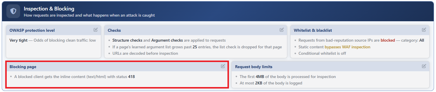 WAF Management - The Blocking Page Card