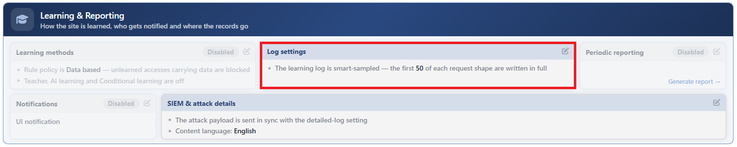 WAF Management - The Log Settings Card