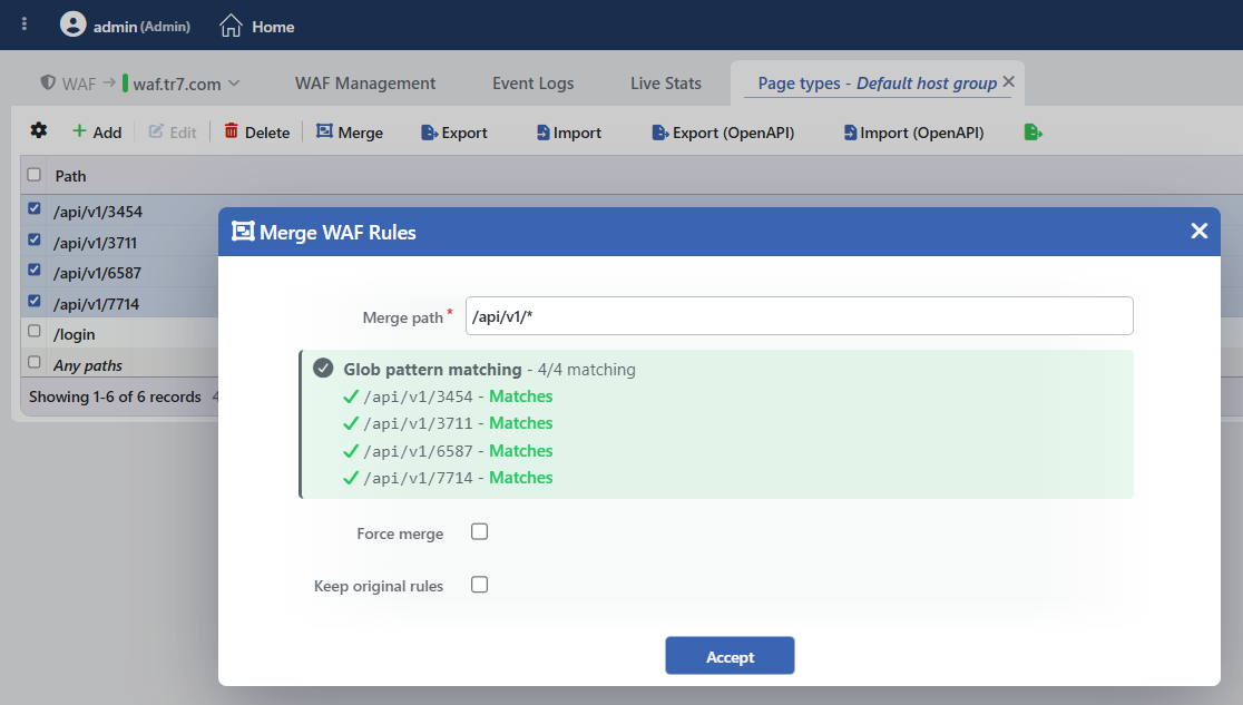 The Merge WAF Rules Window