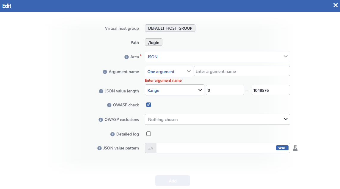 The Add Argument Rule for JSON Screen