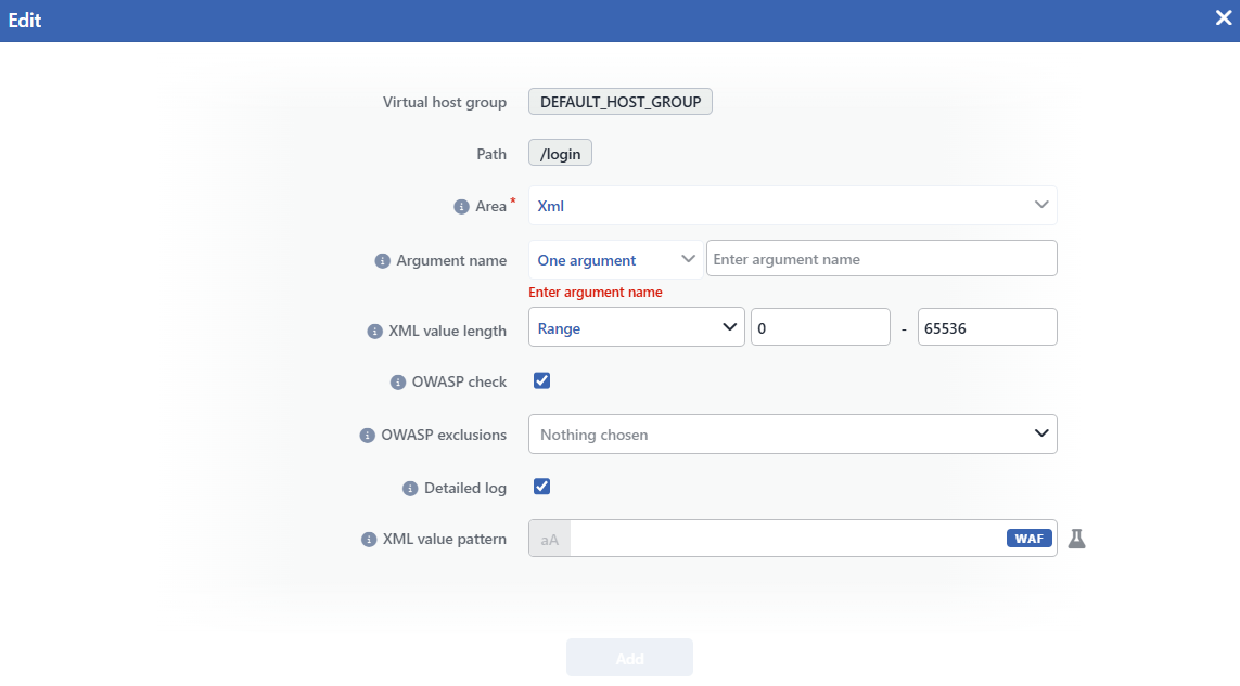 The Add Argument Rule for XML Screen